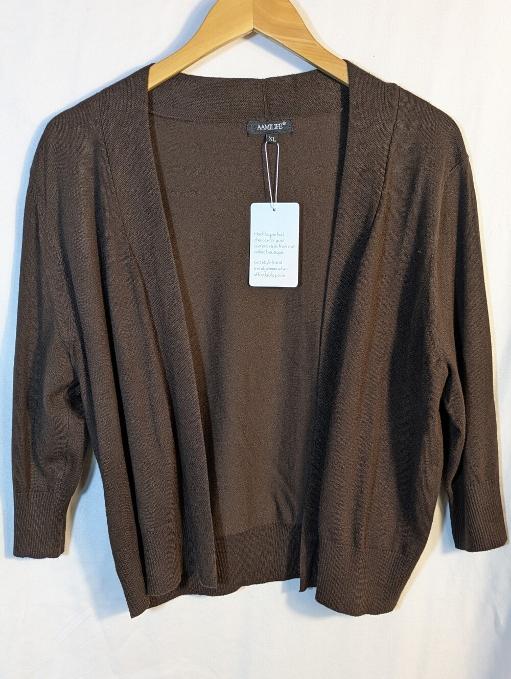 Aamilife Women's Brown 3/4 Sleeve Open Cardigan Sweater Shrug Fall Classic XL
